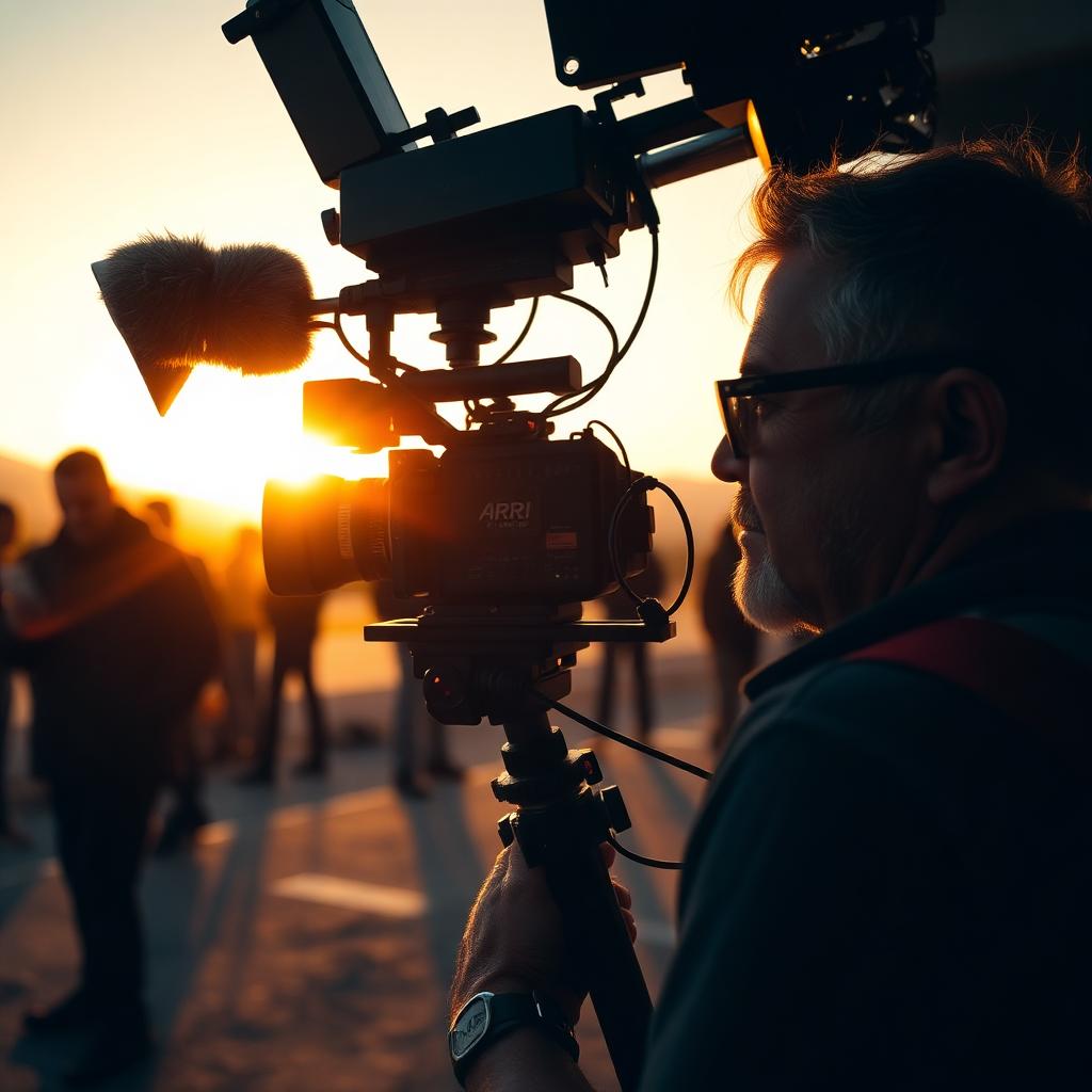 Operatore di macchina al tramonto su un set cinematografico